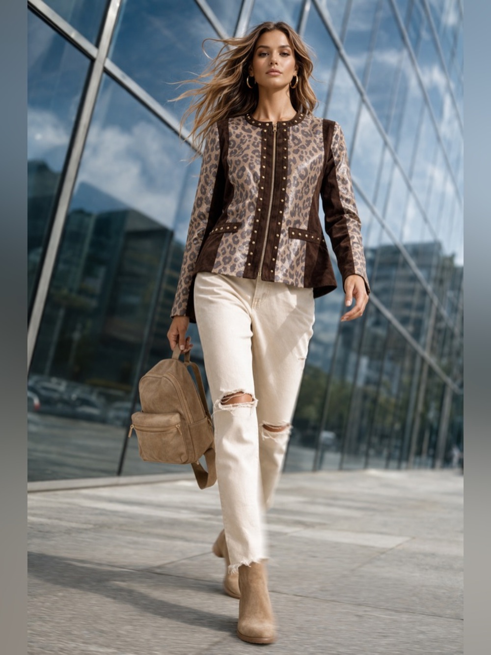 Animal Leopard Print Leather Suede Jacket Studded Military Style Zip Front M - Picture 4 of 17
